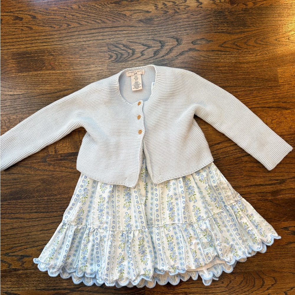 Sincerly Jules Light Blue Cardigan with Floral Dress lined dress scalloped hem